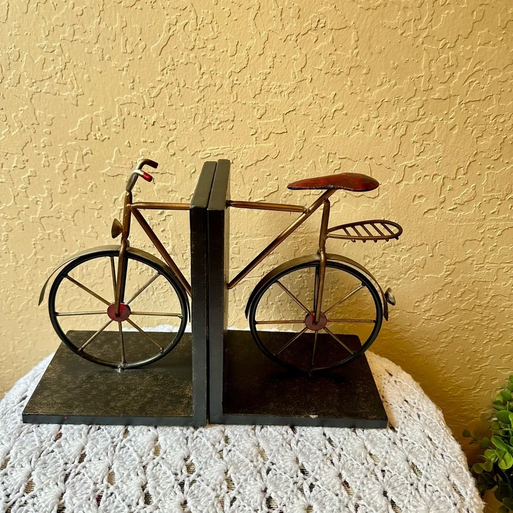 Vintage Bicycle Book Ends Metal Black Red Silver Gold Very Detailed Retro Style